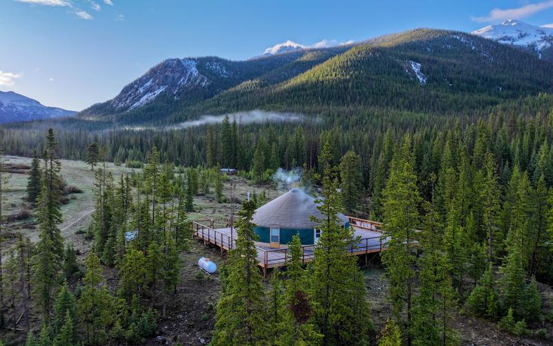 An aerial view of the 7 Utes Yurt in the early morning hours