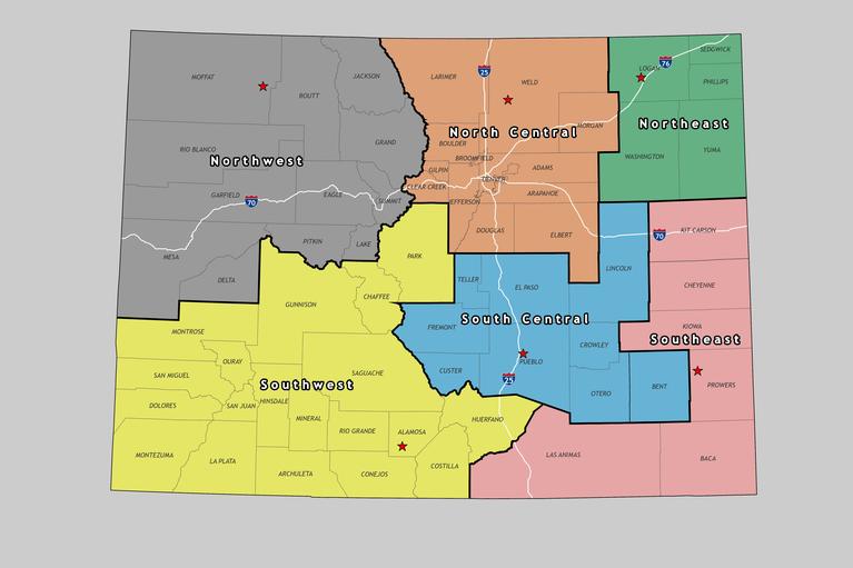 map color coded into six blocks of counties indicating district boundaries
